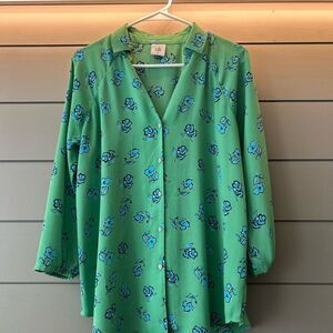 CAbi Green Top with Blue Floral Design, Size XS